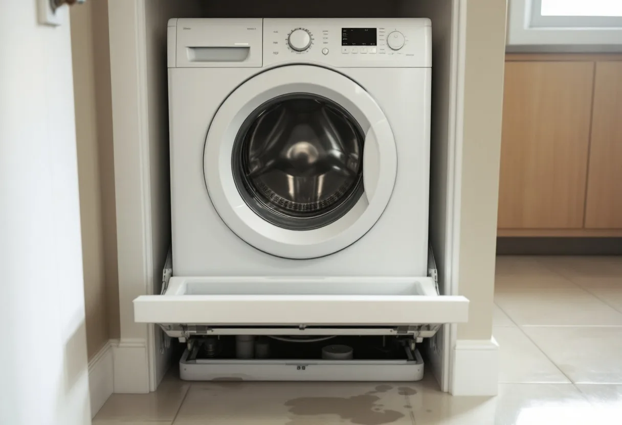 Front-load washer pulled out with its drain pump filter access panel open and water on the tile