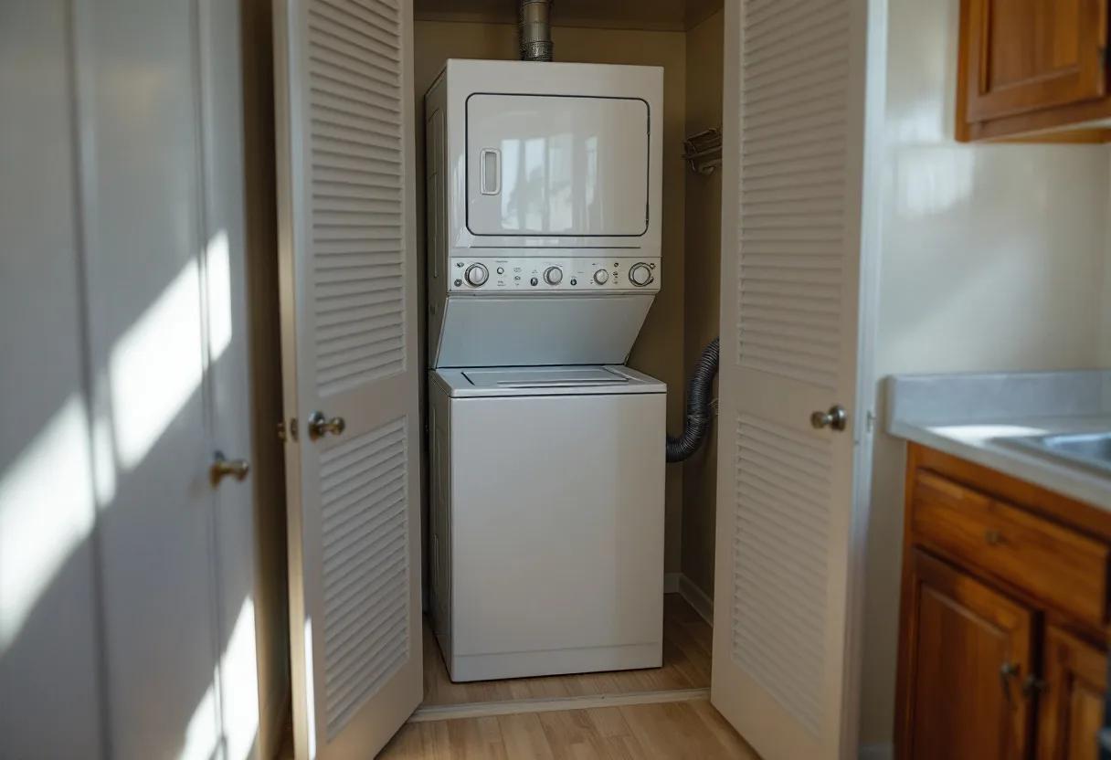 Stacked washer and dryer in a narrow utility closet with the dryer vent hose disconnected