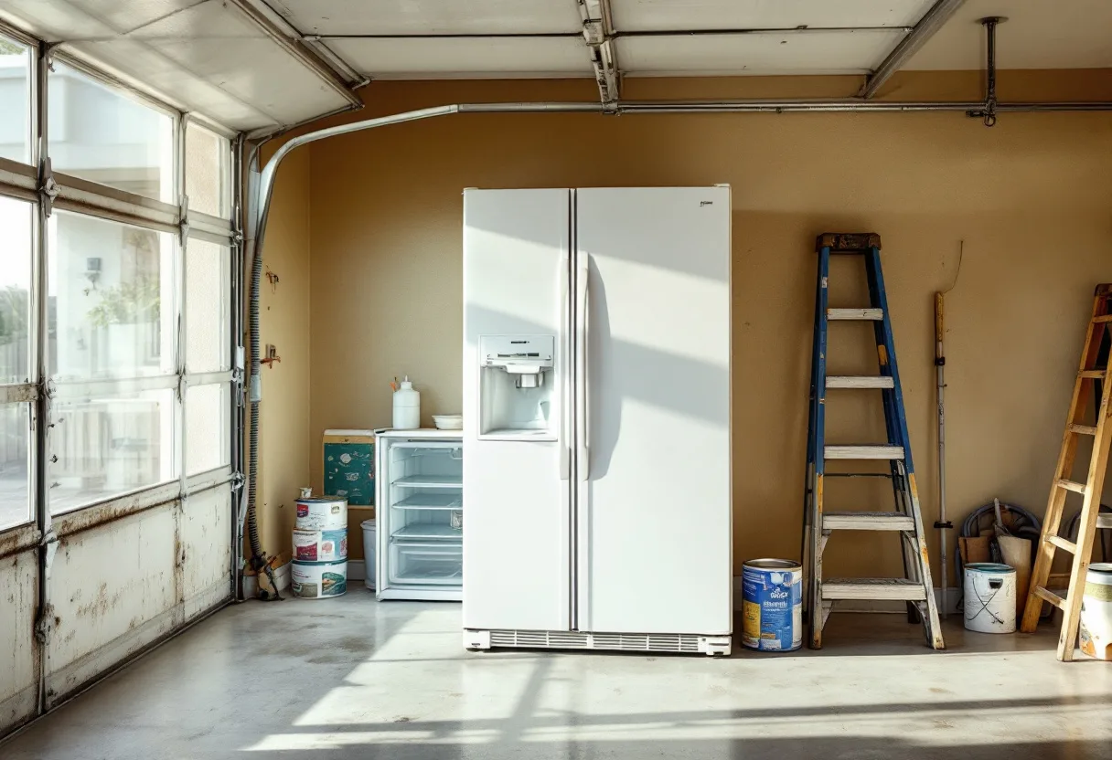White side-by-side refrigerator standing in an attached garage next to ladders and paint cans