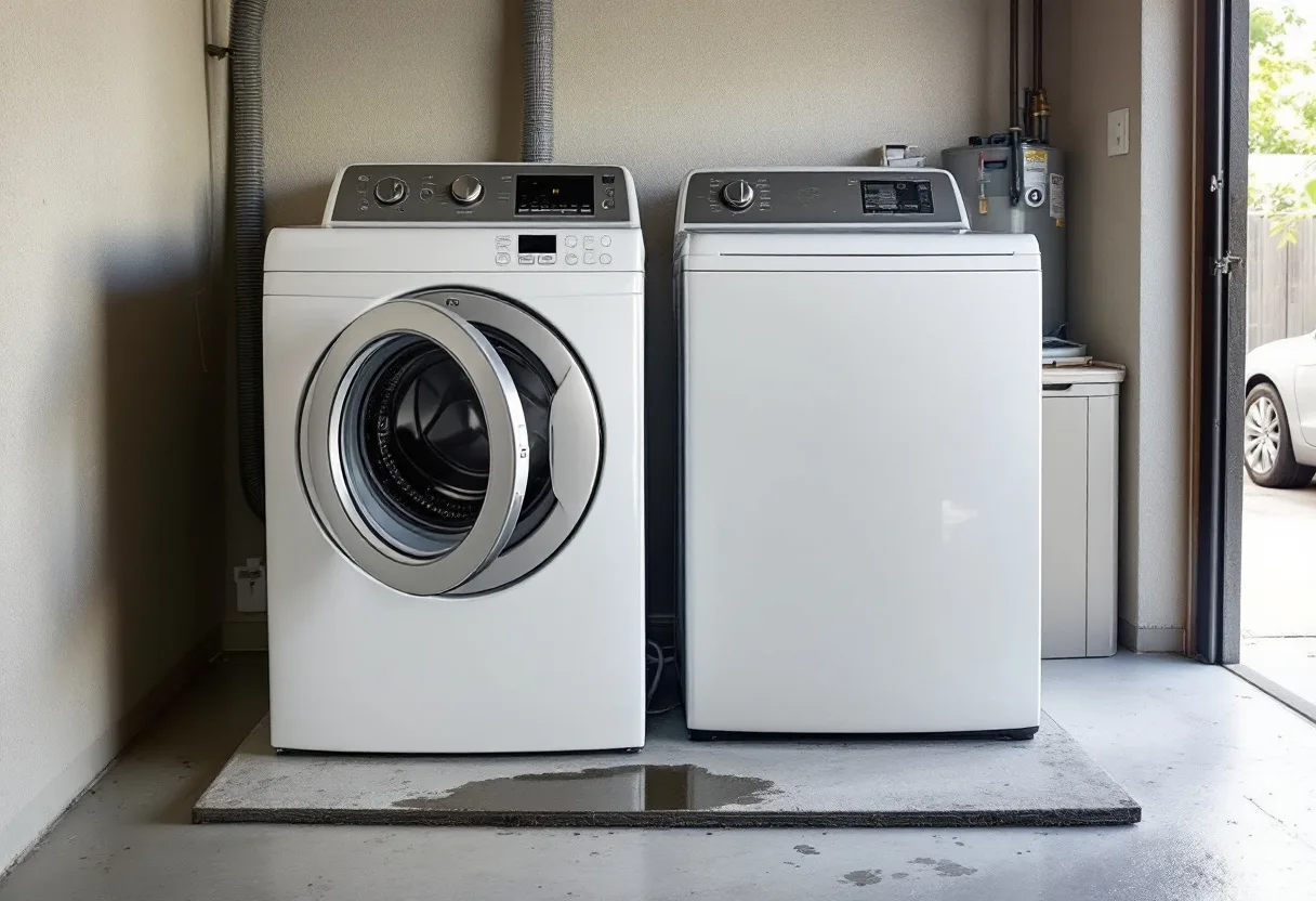 Front-load washer in a garage laundry alcove with its door open and drain hose hanging loose over the standpipe