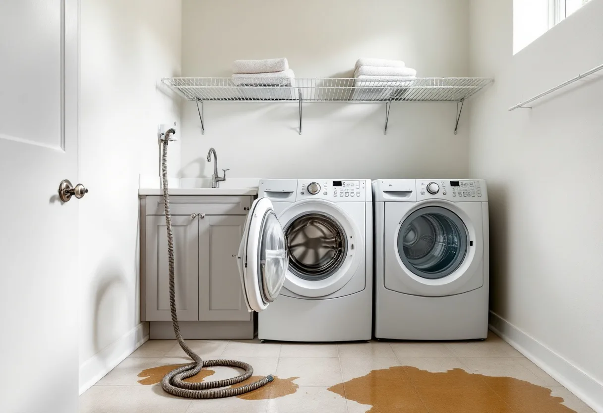 Front-load washer with door open and a loose supply hose behind it in a tiled laundry room