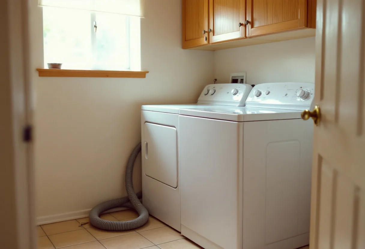 Top-load washer and dryer in a tiled laundry room, washer lid open and drain hose hanging loose