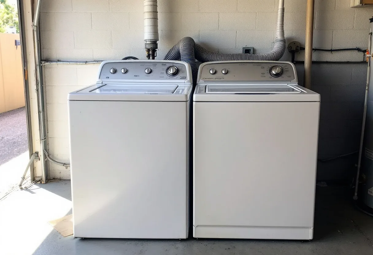 Garage laundry pair on concrete with a dryer vent hose disconnected from the wall