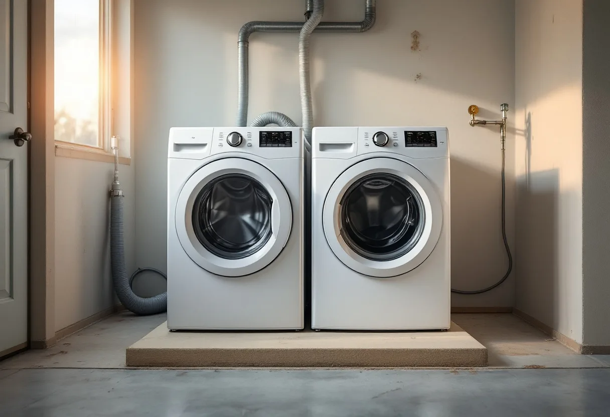 Garage-installed washer and dryer with a kinked dryer vent hose behind the machines