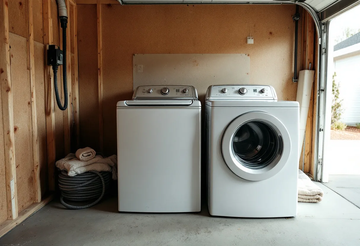 Washer and dryer pair installed in an unconditioned framed garage next to a dryer vent duct