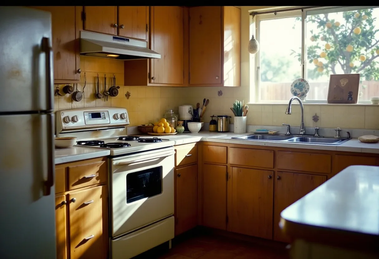 Older freestanding range and oven in a 1950s ranch-house kitchen with original wood cabinetry