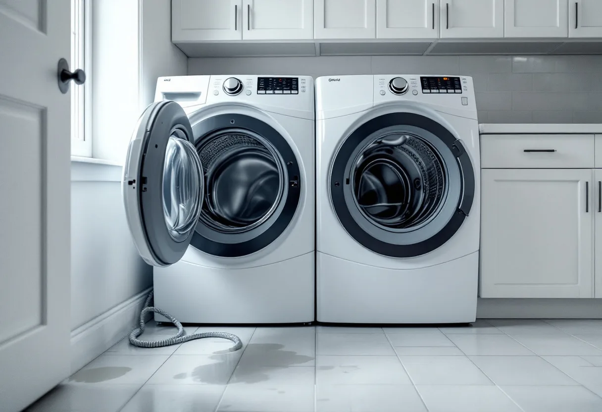 Front-load washer with its door open and a loose supply hose behind it in a tract-home laundry room