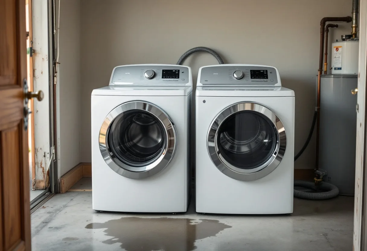 Washer in a garage laundry area with the lid open and a fill hose hanging loose