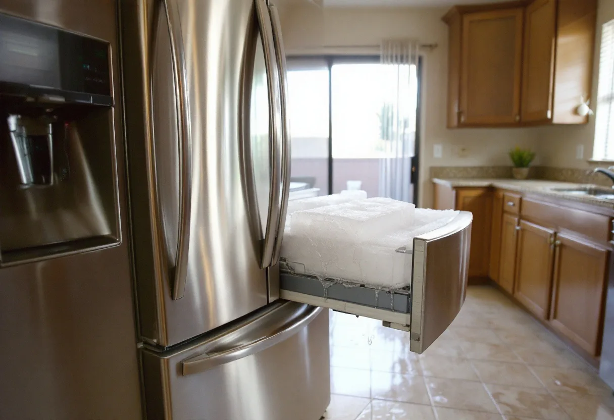 French-door refrigerator with the freezer drawer open and ice built up around the ice maker