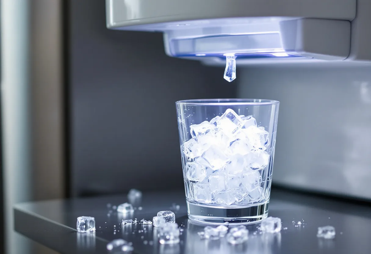 Refrigerator door ice dispenser producing small hollow ice cubes into a glass