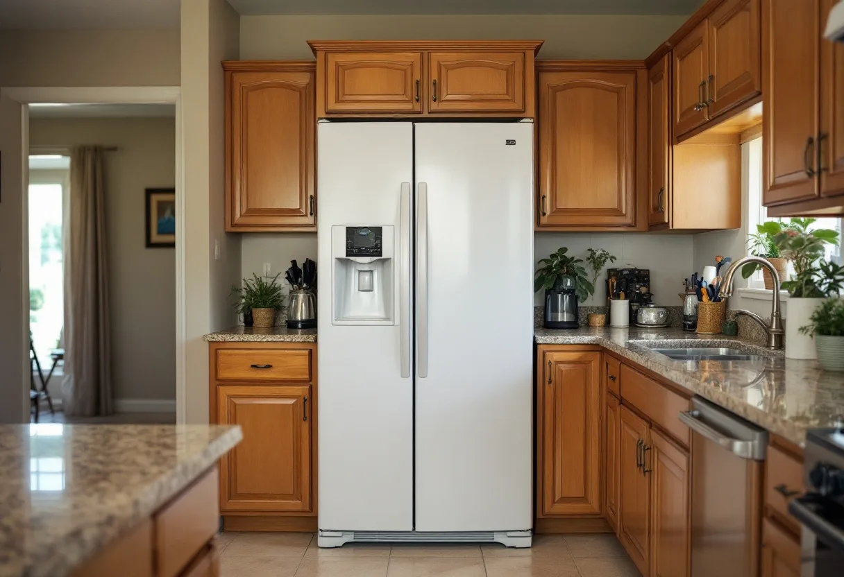 White side-by-side refrigerator with an ice and water dispenser in a kitchen
