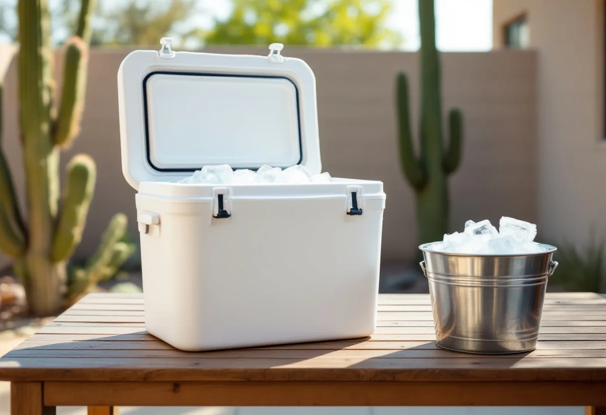 Ice bucket being refilled beside a cooler on an Arizona patio table