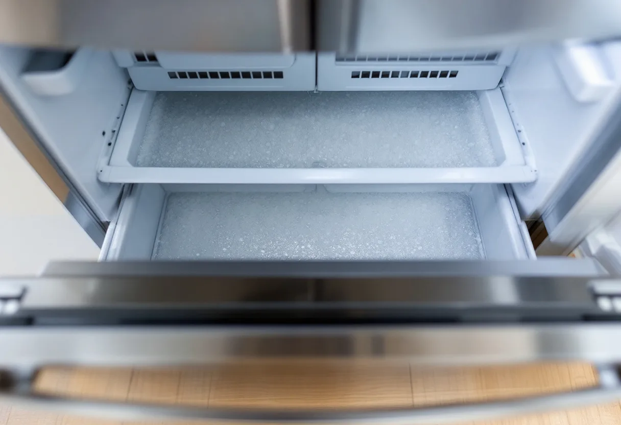 Open freezer drawer with frost built up across the rear panel area