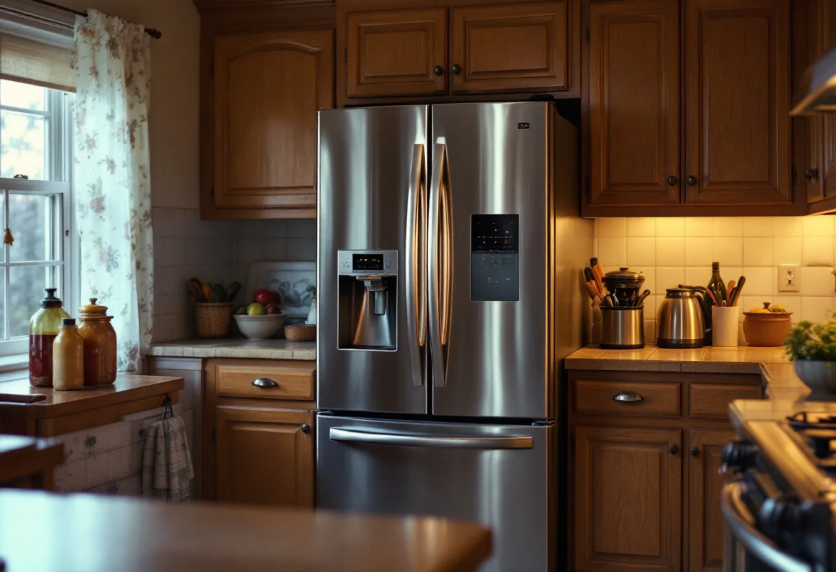 Stainless French-door refrigerator in an older kitchen with oak cabinets