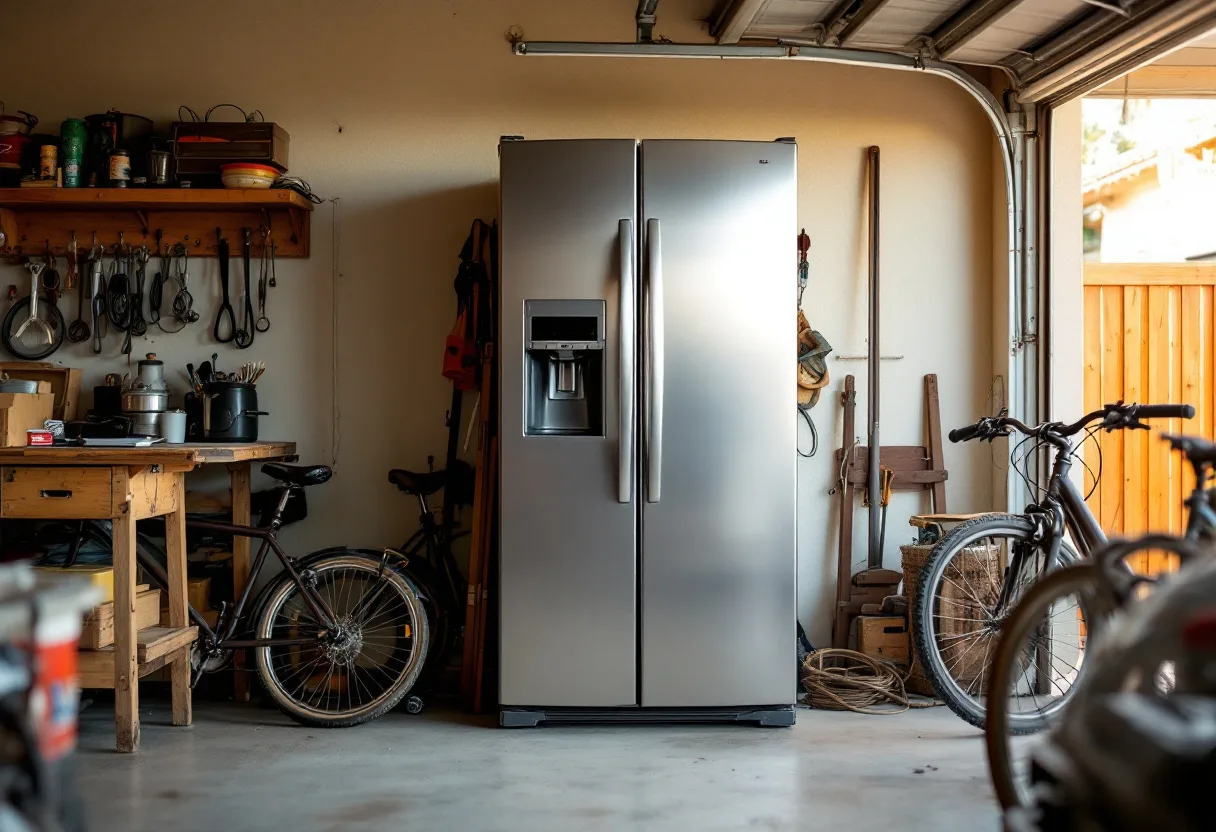 Older stainless refrigerator against a garage wall next to a workbench
