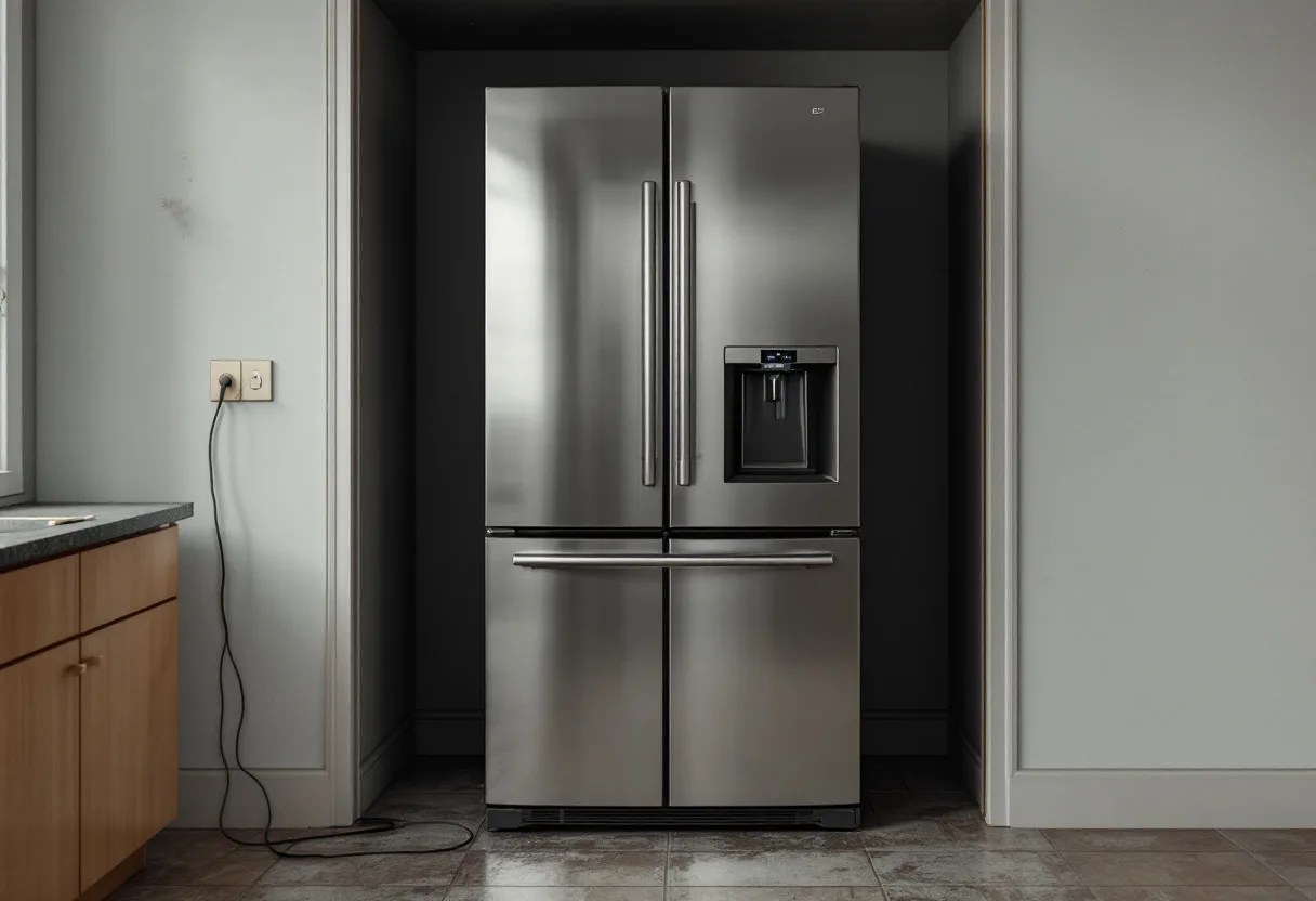 French-door refrigerator unplugged and pulled forward from its alcove