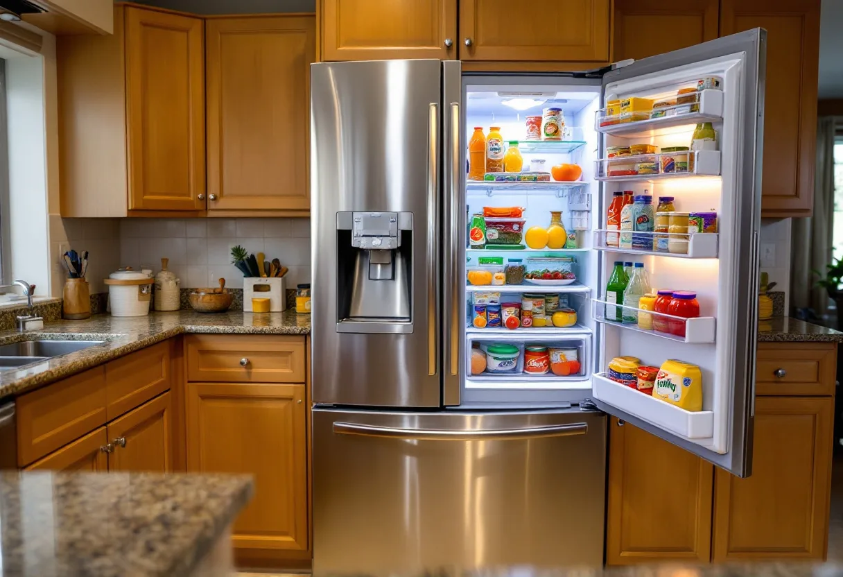 Stainless French-door refrigerator with both doors open and the interior lit
