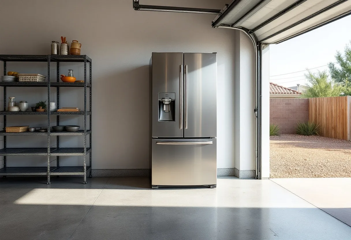 Refrigerator standing in an Arizona garage with hard light from the open door