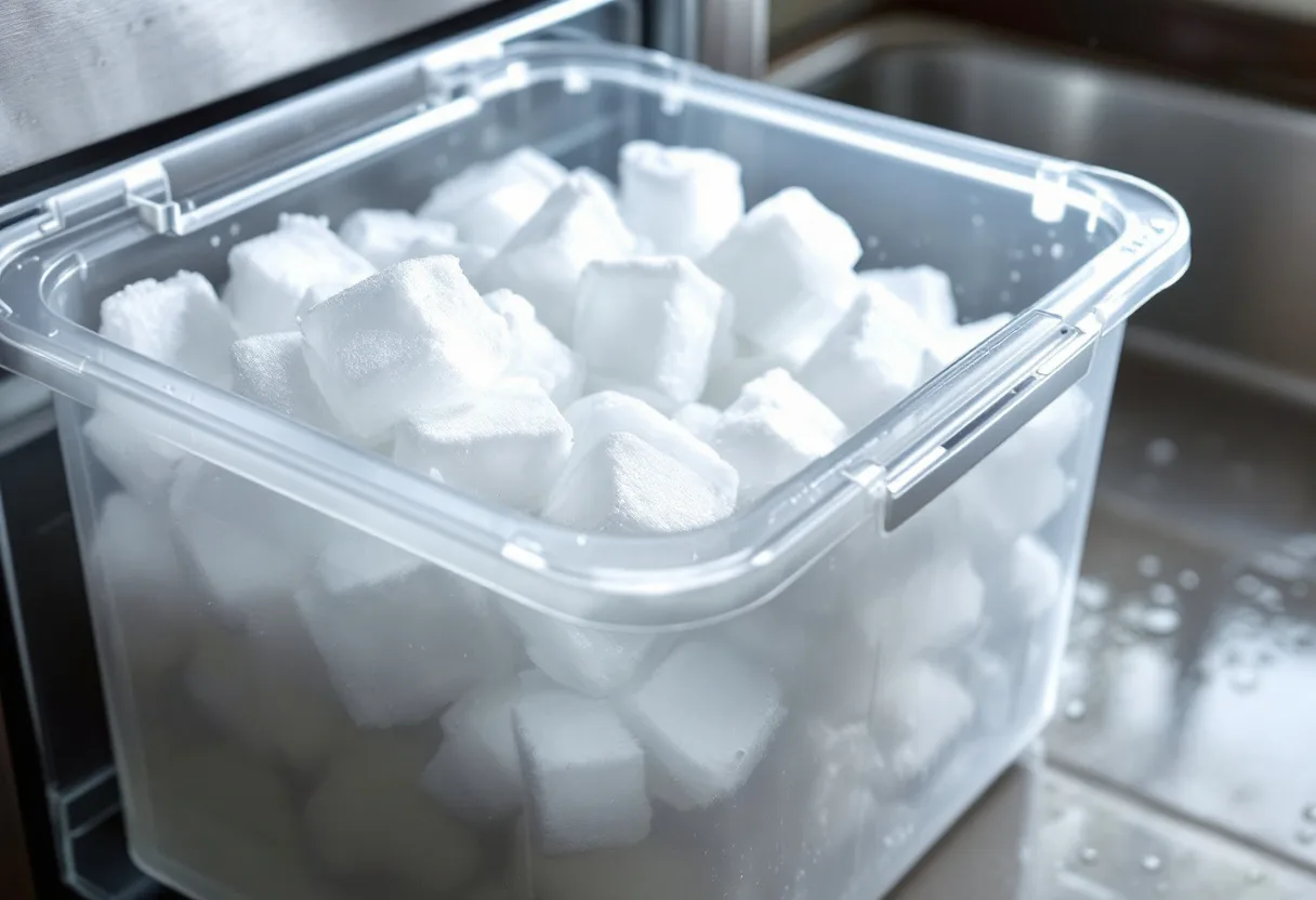 Ice bin filled with cubes frozen together into clumps