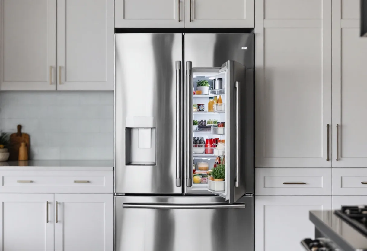 Stainless Samsung-style French-door refrigerator with the left door open showing the ice compartment
