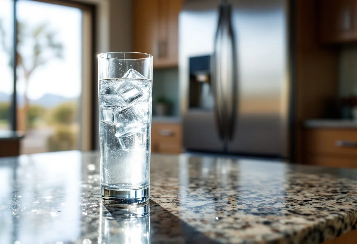 Glass of ice water on a kitchen counter in bright Arizona light