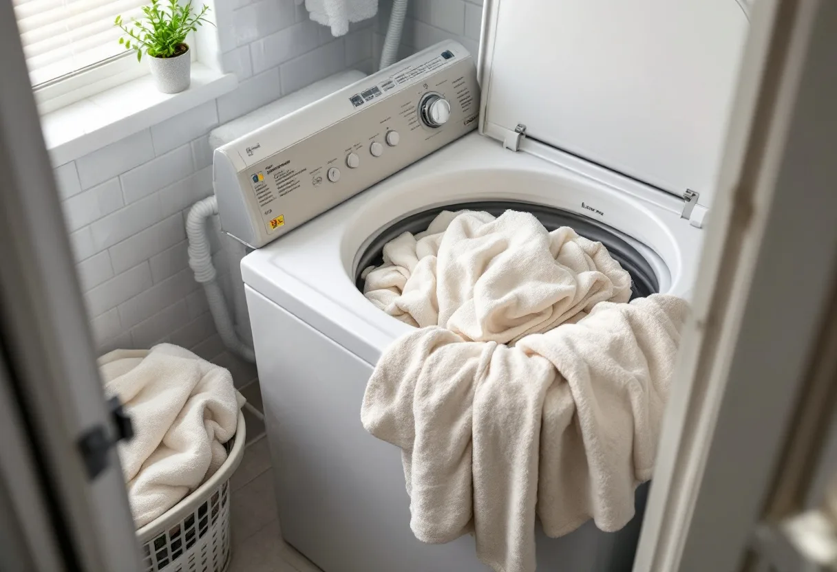 Top-load washer with a wet load sitting in the tub mid-cycle