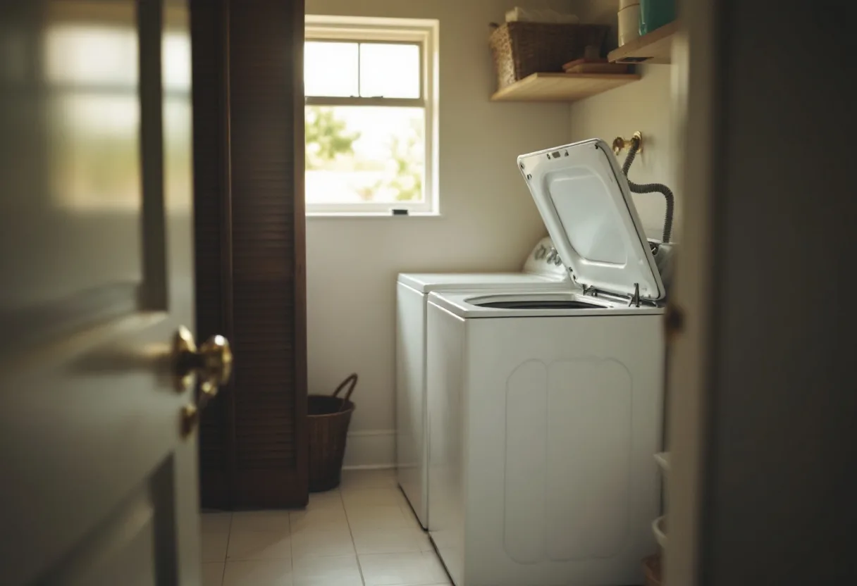 White top-load washer with the lid open in an Arizona laundry room