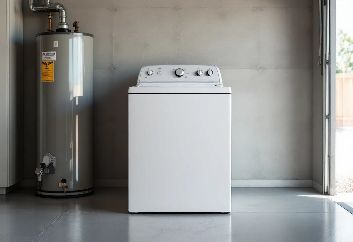 White top-load washer and dryer pair in a residential Arizona garage