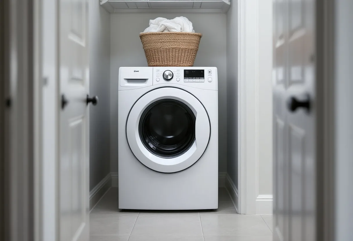 White front-load washer with a round glass door in an Arizona laundry room