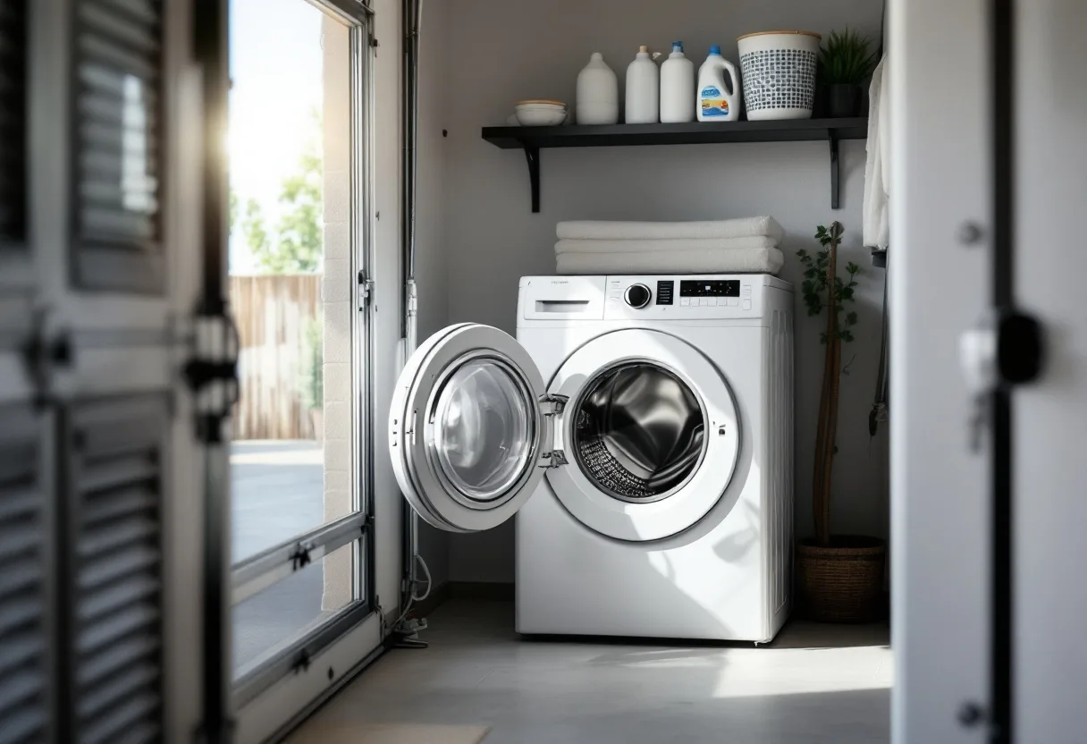 Front-load washer with its door left open in a garage laundry corner