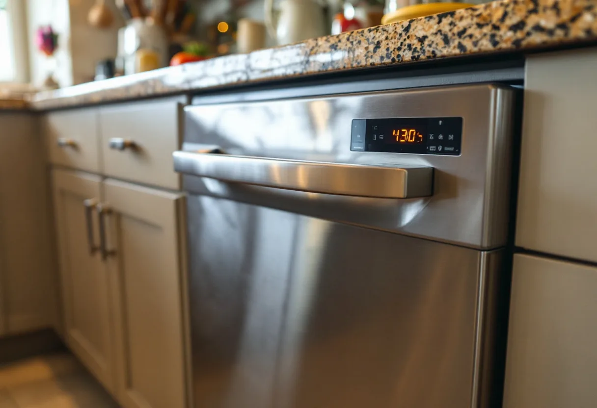 Stainless built-in dishwasher with a bar handle and a control strip along the top edge of the door with the control strip lit and an error showing