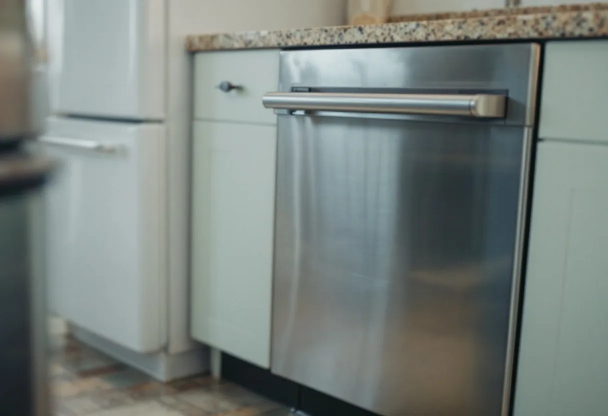 Stainless built-in dishwasher with a bar handle and a control strip along the top edge of the door with the door open and standing water in the bottom