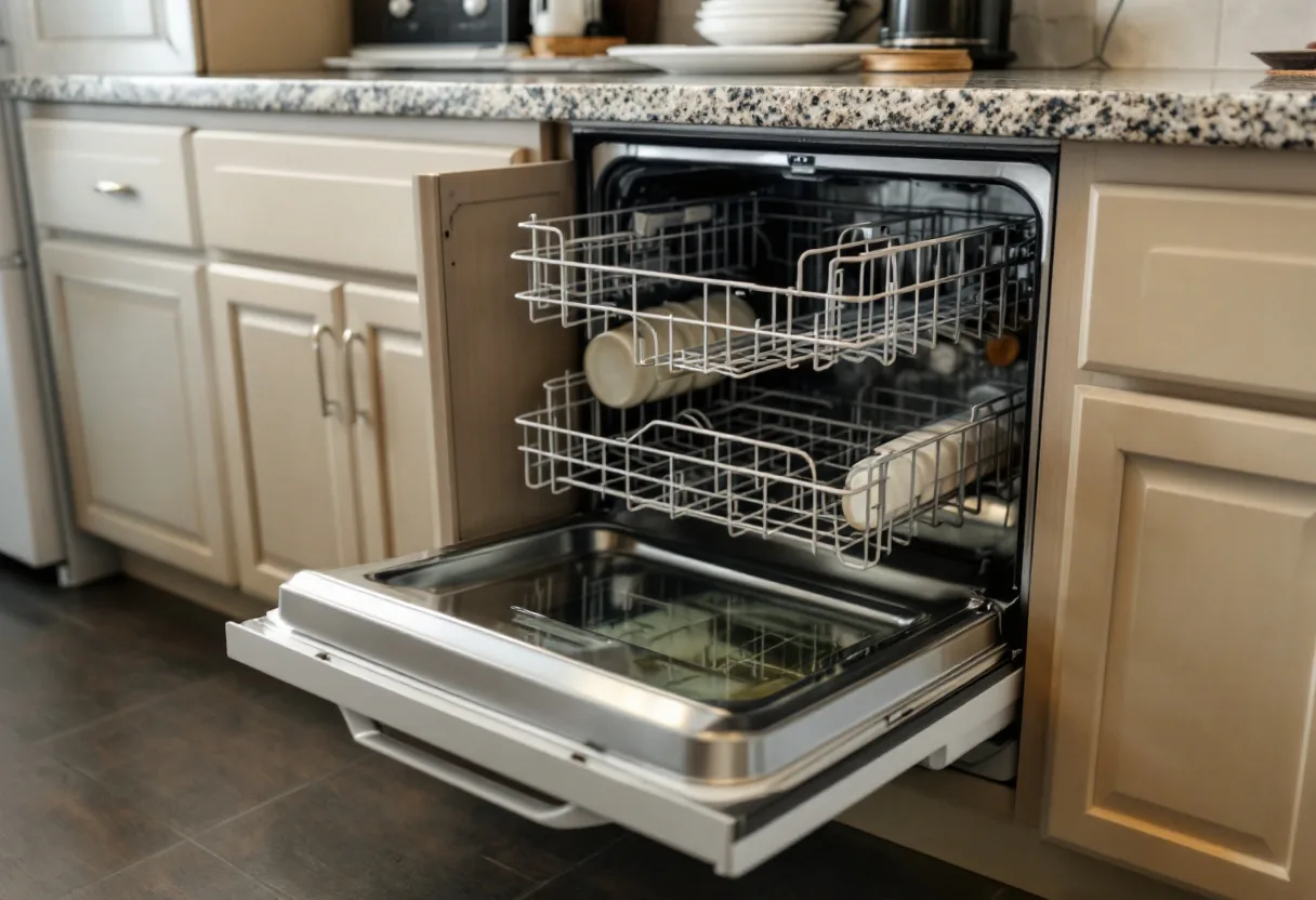 White built-in dishwasher with the door open and standing water in the bottom