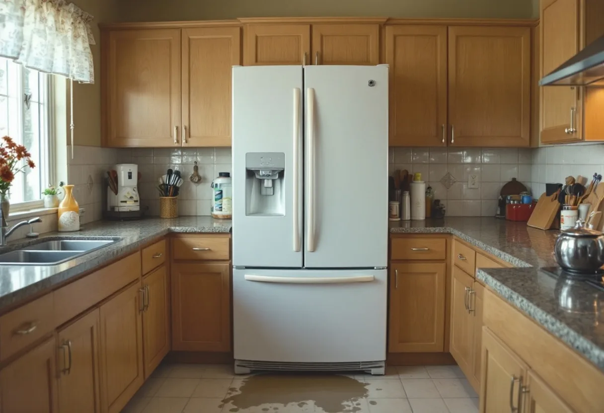 White side-by-side refrigerator with an exterior ice and water dispenser with both doors open and meltwater on the floor