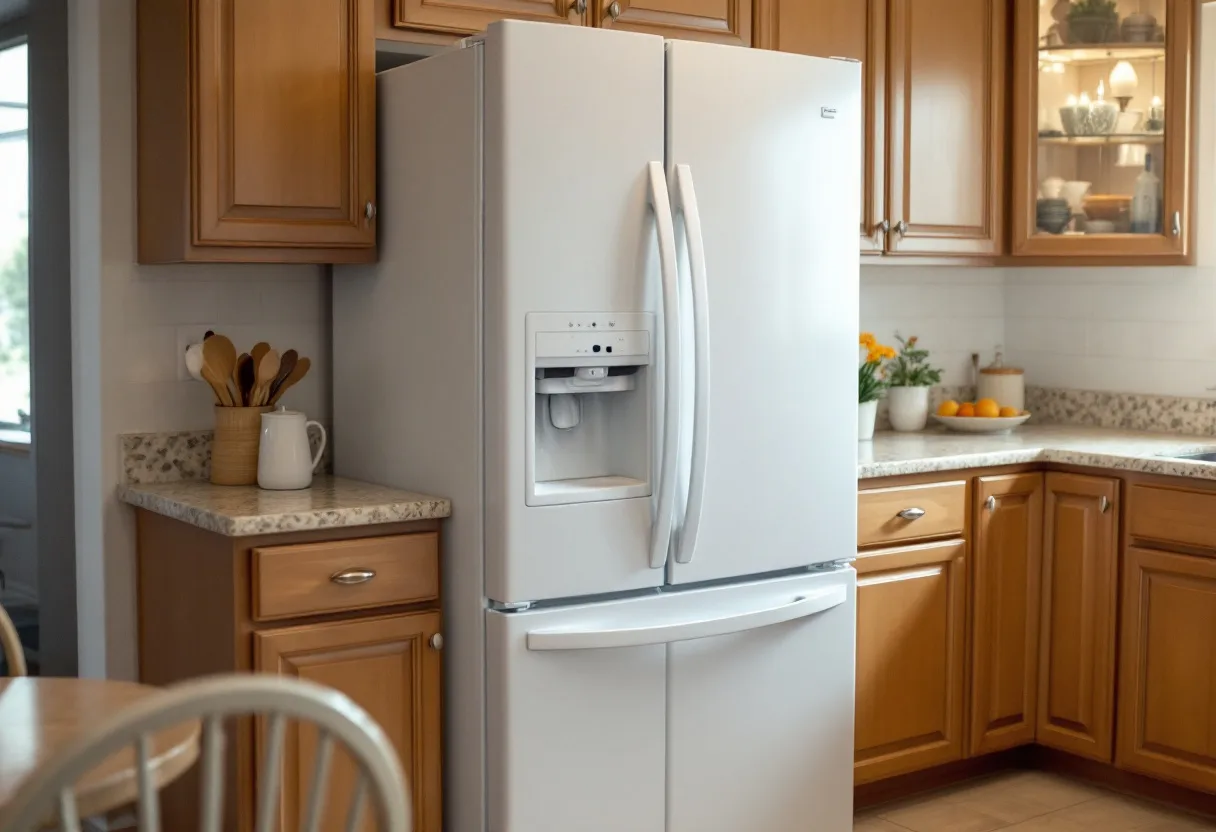 White side-by-side refrigerator with an exterior ice and water dispenser with the freezer open and an empty ice bin