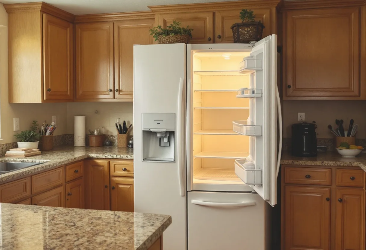 White side-by-side refrigerator with an exterior ice and water dispenser standing open and silent