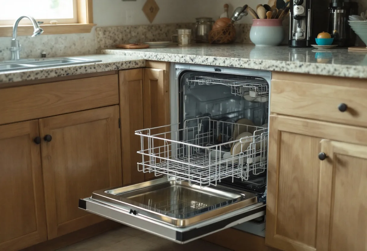 White built-in dishwasher with the door open and standing water in the bottom