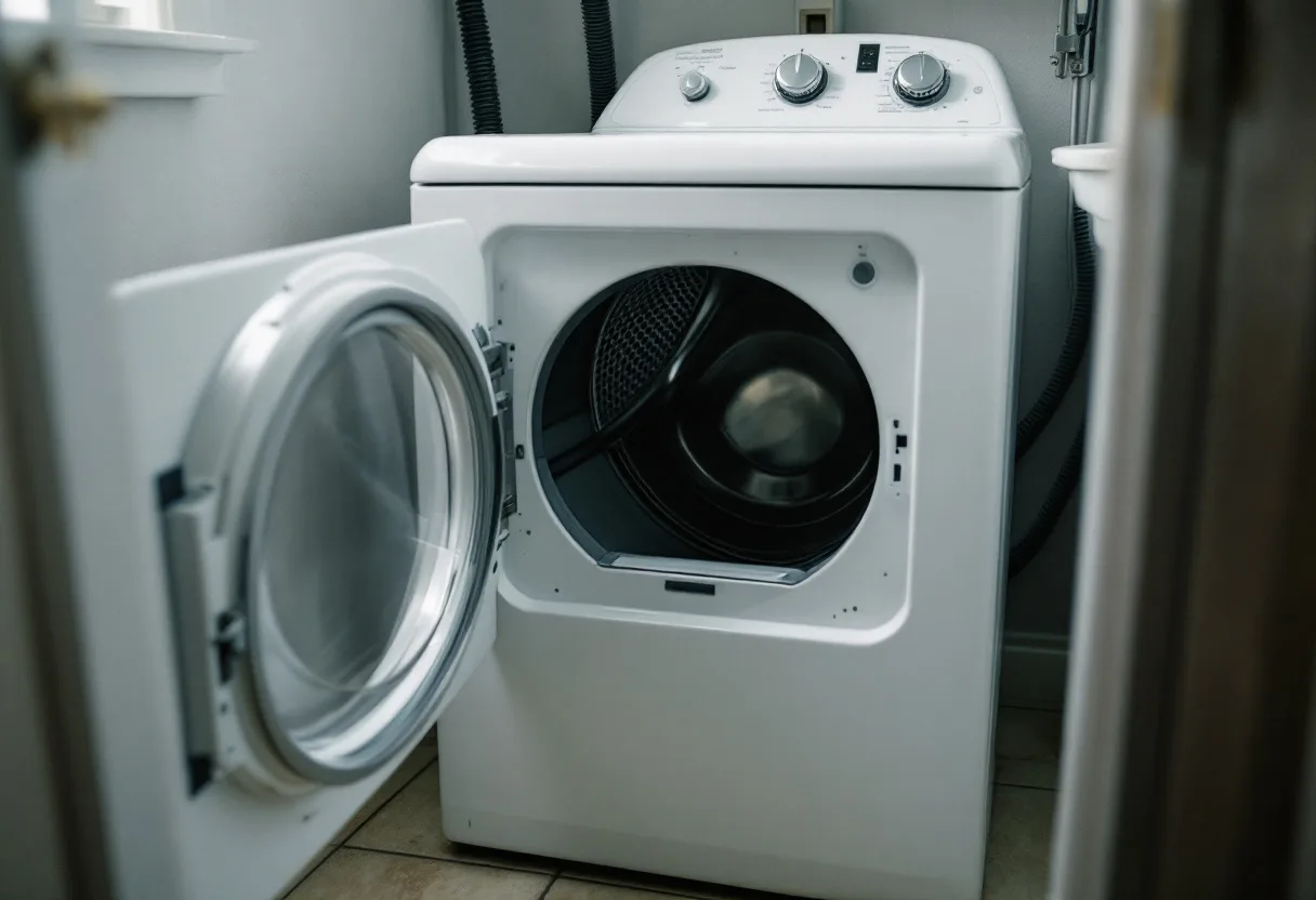 Classic white dryer with a square door sitting silent with the door open