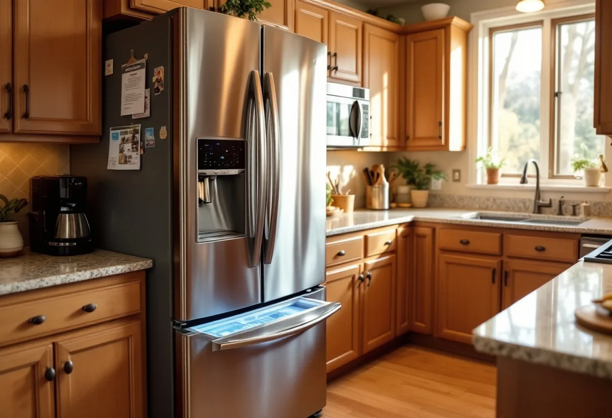 Stainless side-by-side refrigerator with the freezer open and an empty ice bin