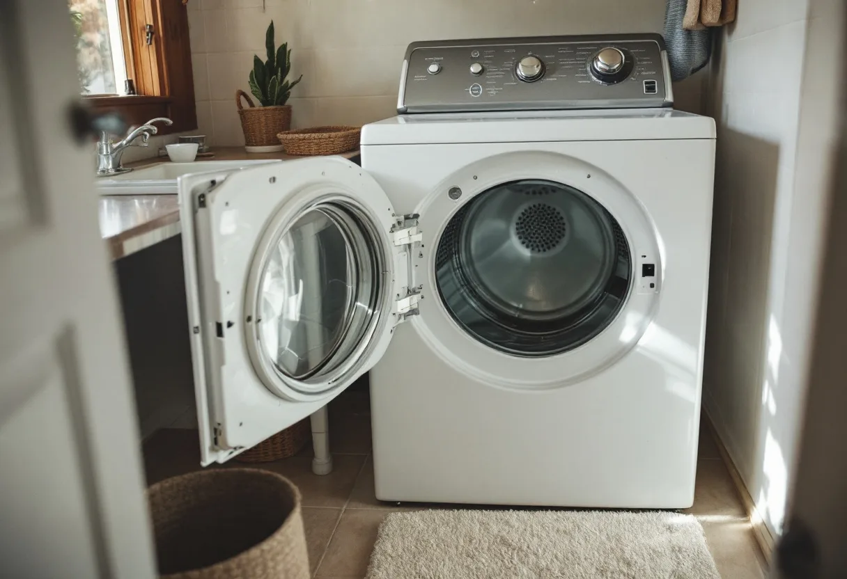 White front-load washer with the door open and standing water in the drum