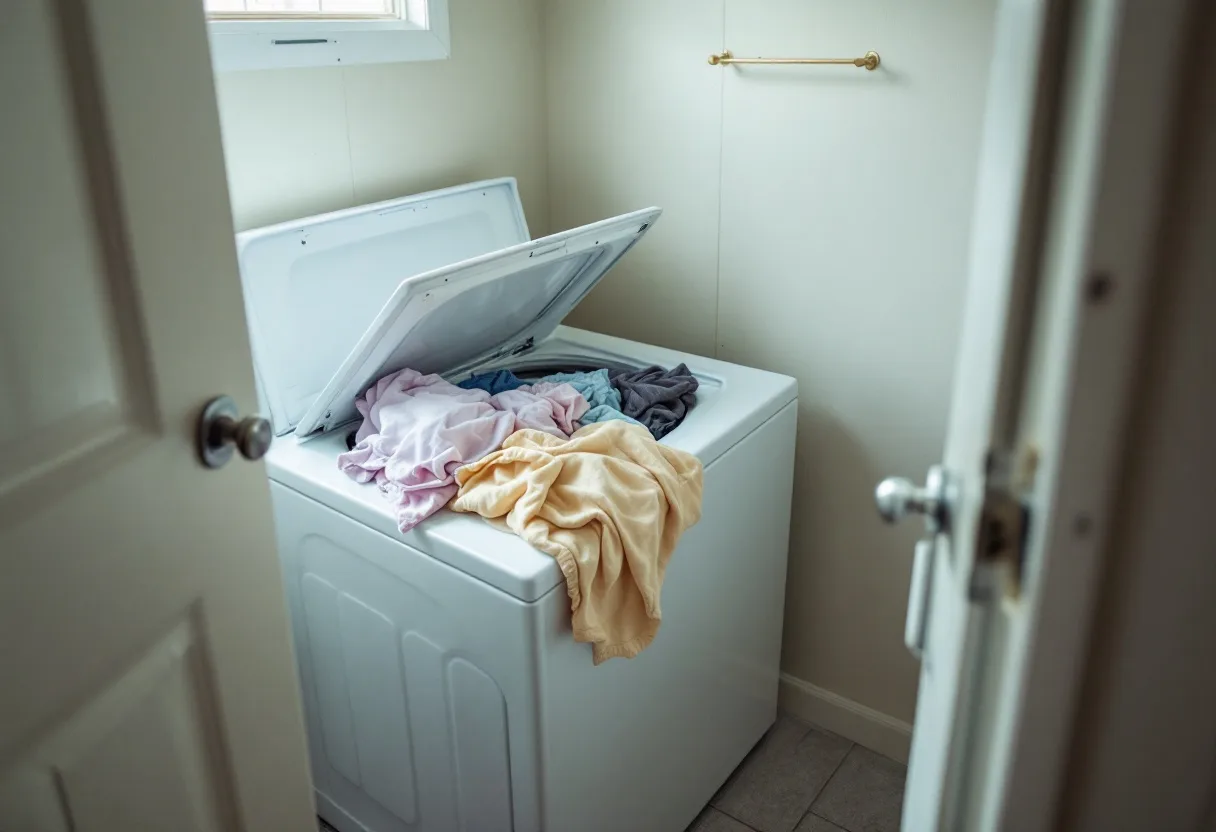 Classic white top-load washer with the lid open and a wet load still in the tub