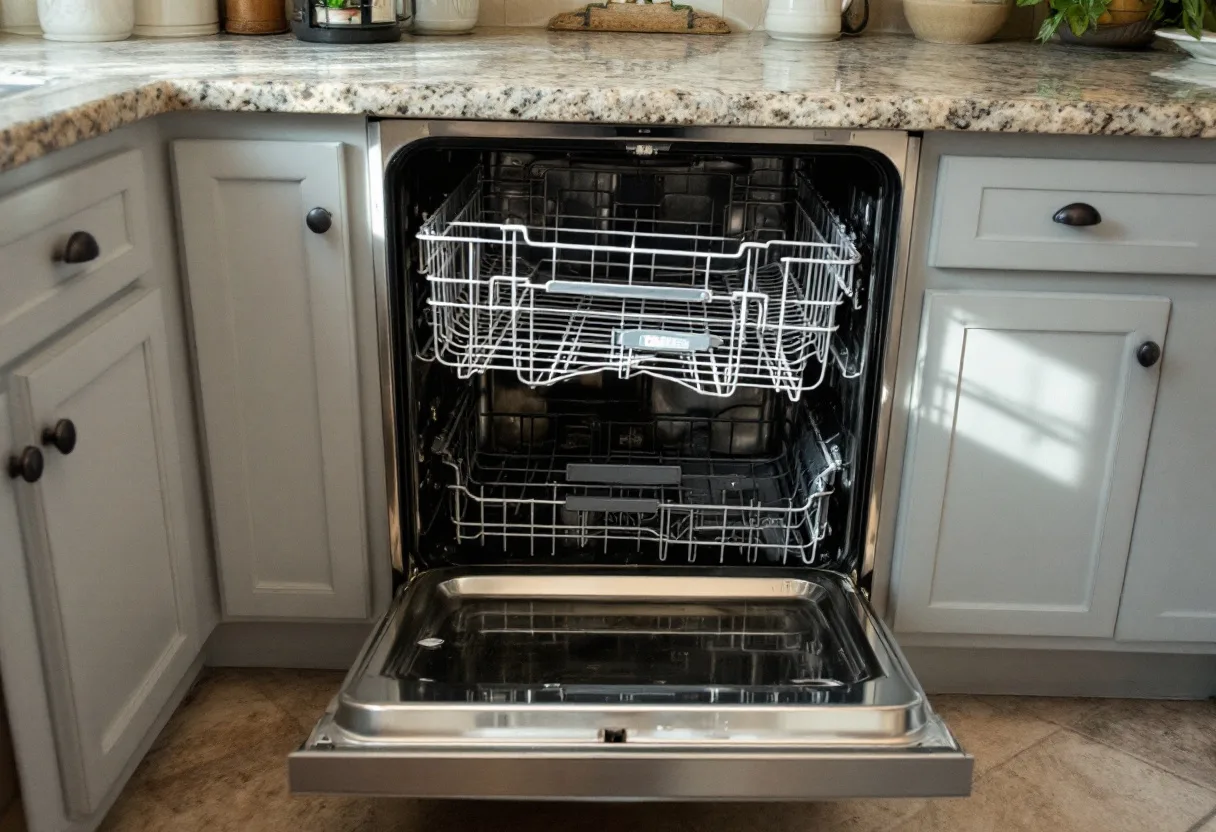 Stainless built-in dishwasher with a recessed handle with the door open and standing water in the bottom
