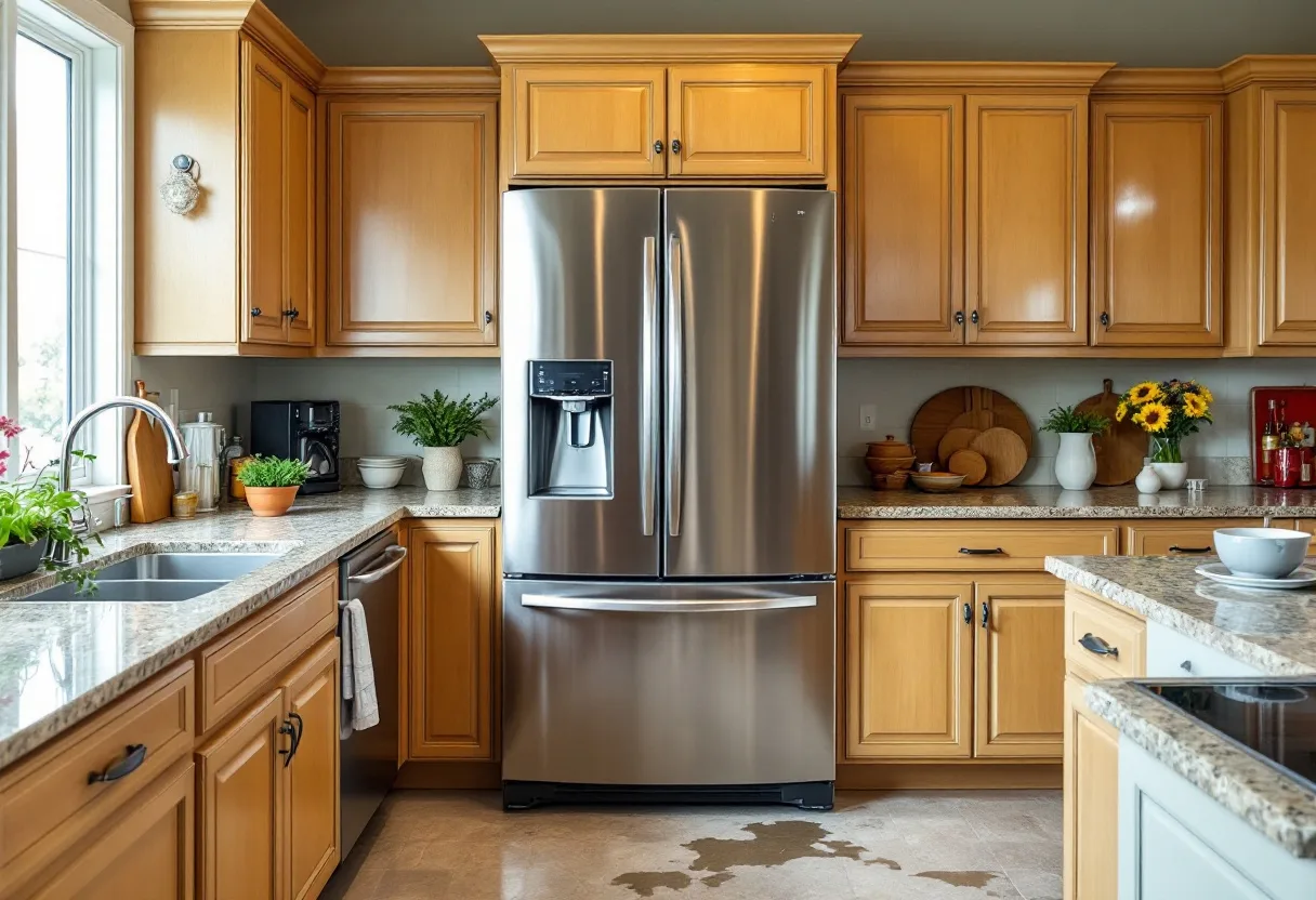 Built-in stainless counter-depth refrigerator flush with the cabinetry with both doors open and meltwater on the floor