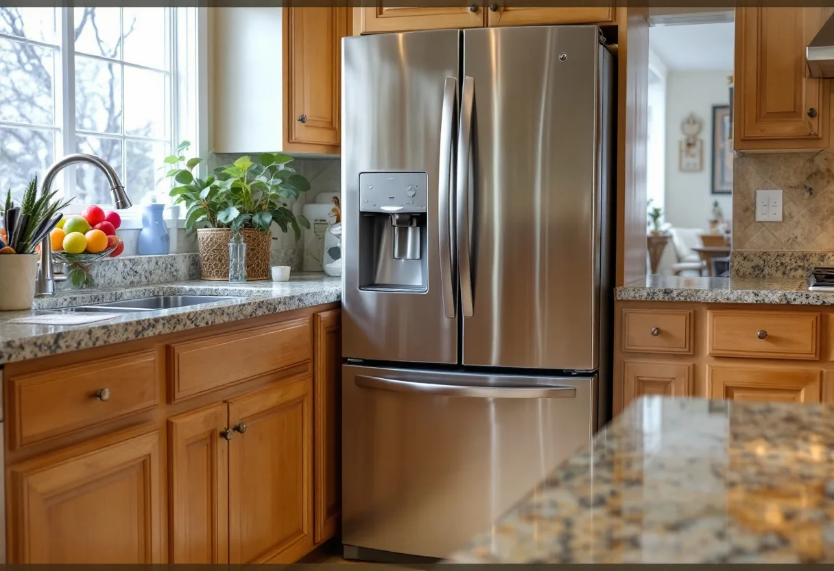 Built-in stainless counter-depth refrigerator flush with the cabinetry with the freezer open and an empty ice bin