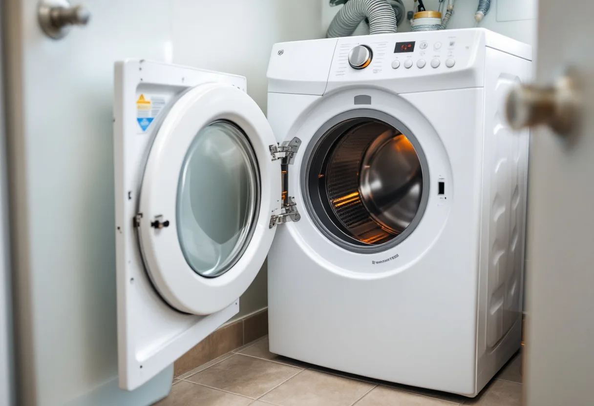 Modern white front-load dryer with the control panel lit and an error showing