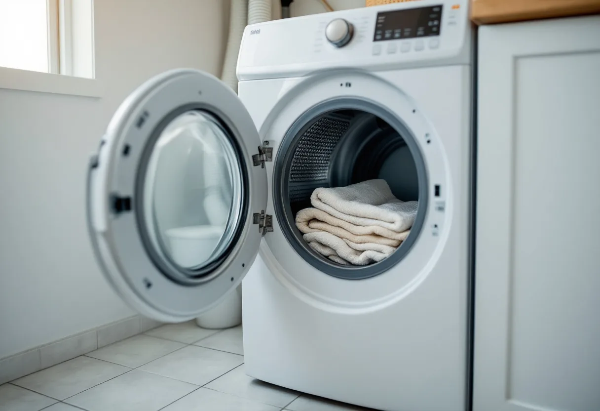 Modern white front-load dryer with the door open and damp laundry inside