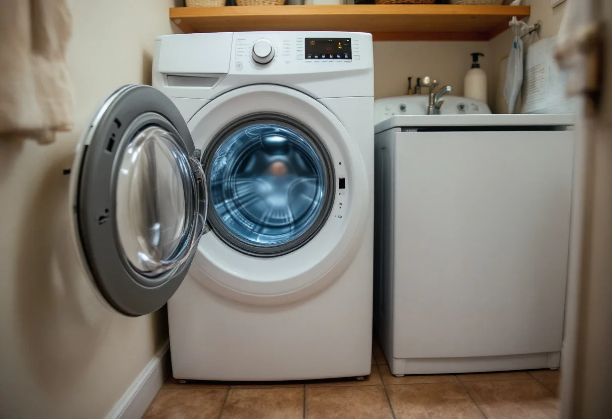 Modern white front-load washer with a round glass door with the control panel lit and an error showing
