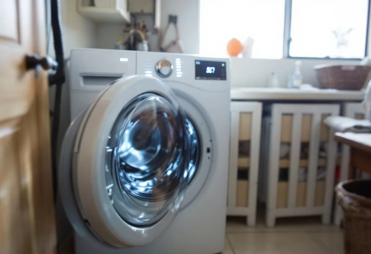 Modern white front-load washer with a round glass door with the control panel lit and an error showing
