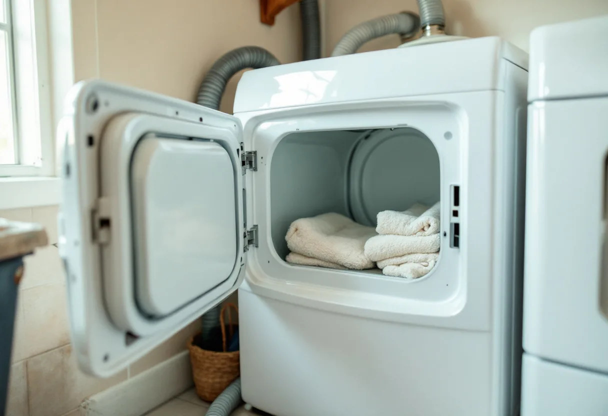 Classic white dryer with a square door with the door open and damp laundry inside