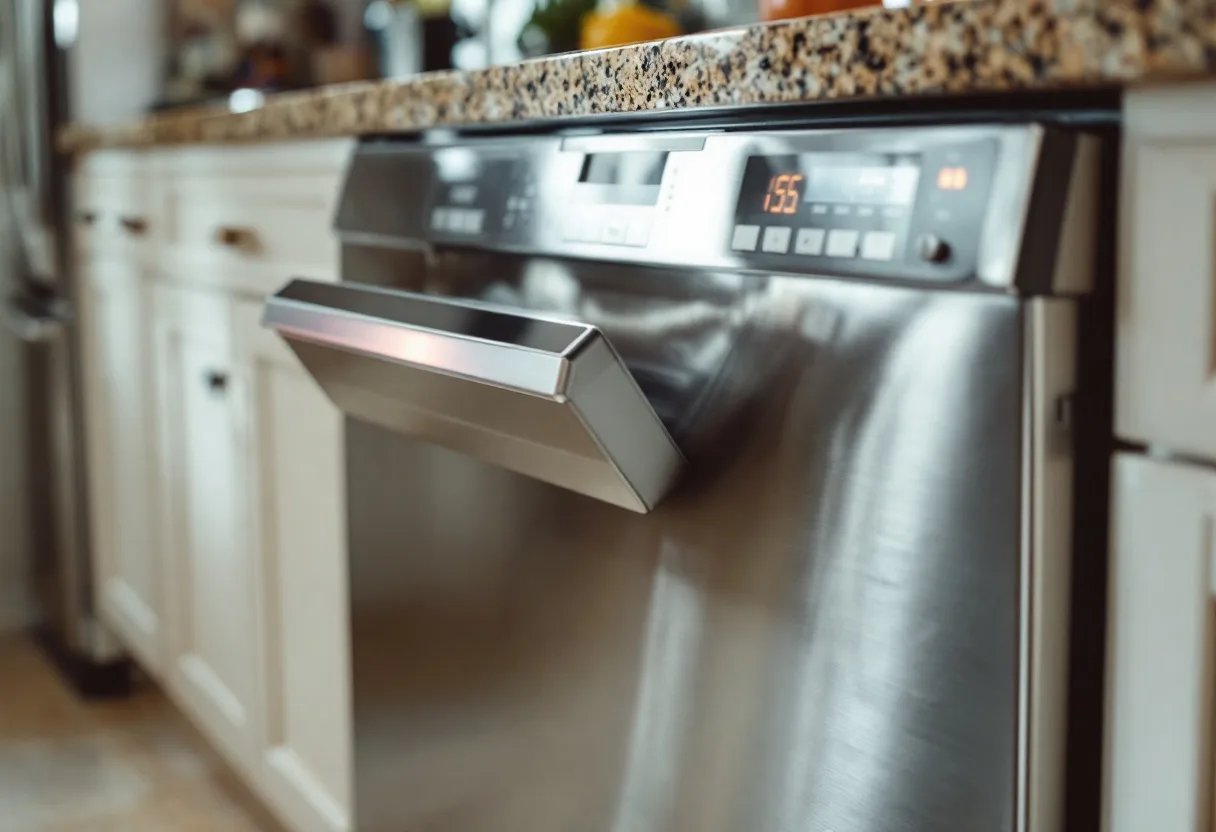Stainless built-in dishwasher with the control strip lit and an error showing
